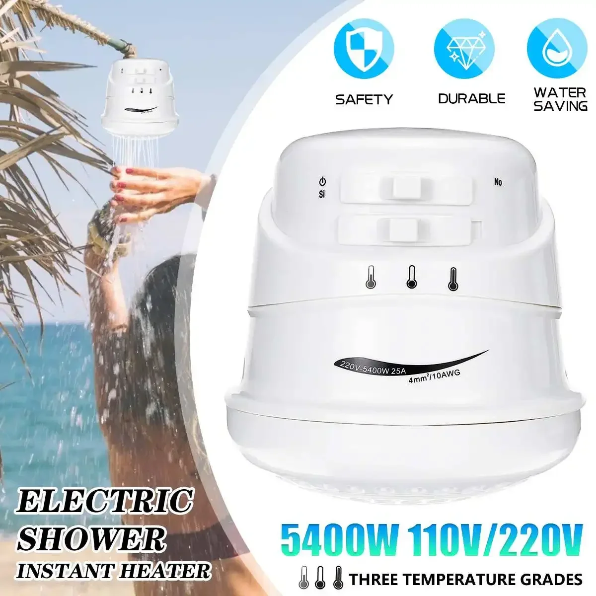 2m Hose 5400W Electric Shower Head Tankless Instant Hot Water Heater 3 Temperature Adjustable Portable Calorifier 110V/220V electric water heater