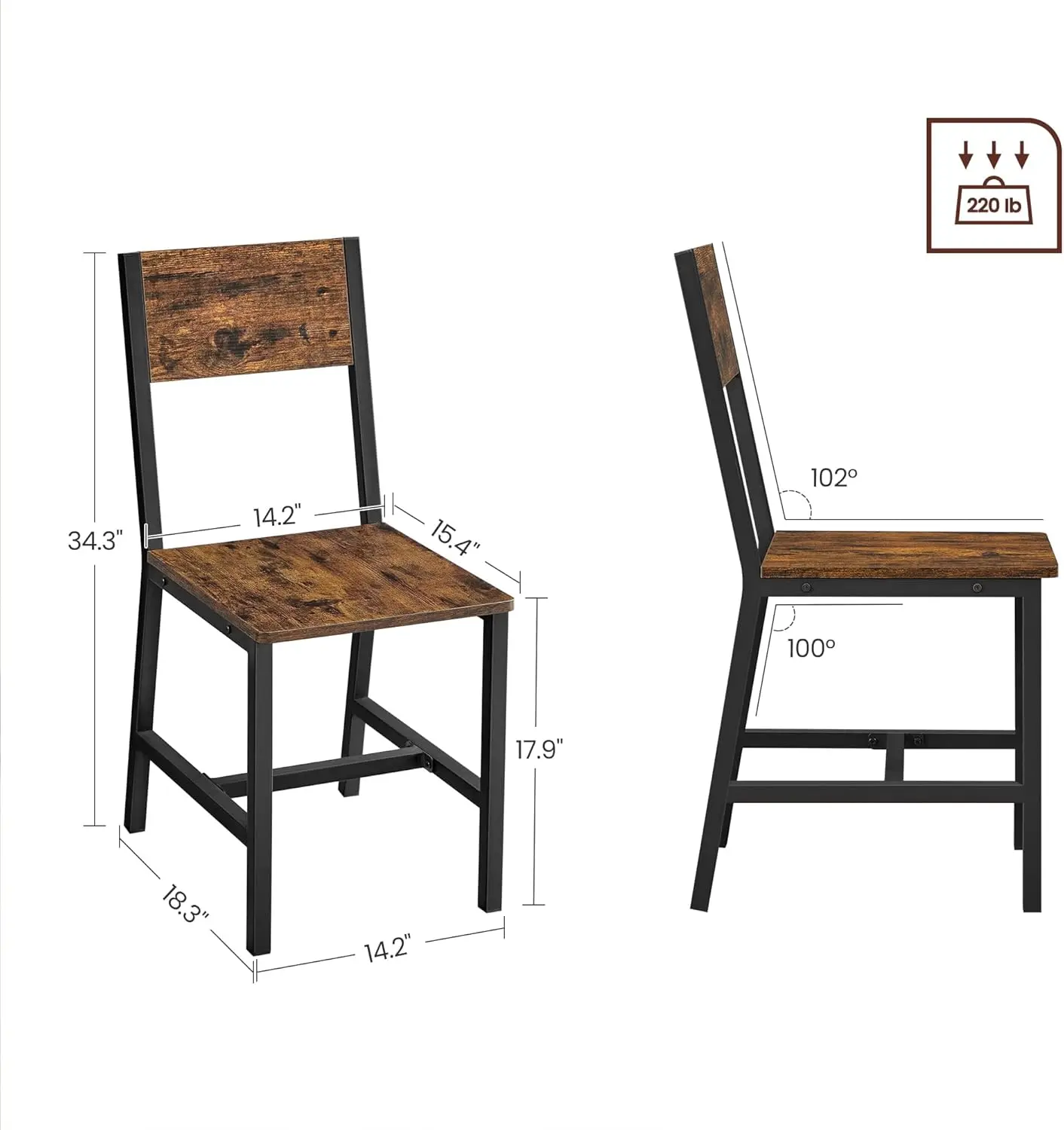 Dining Chair Set of 2, Rustic Wood Chairs with Metal Steel Frame, Easy to Assemble, Comfortable Seat, Modern Farmhouse Chair