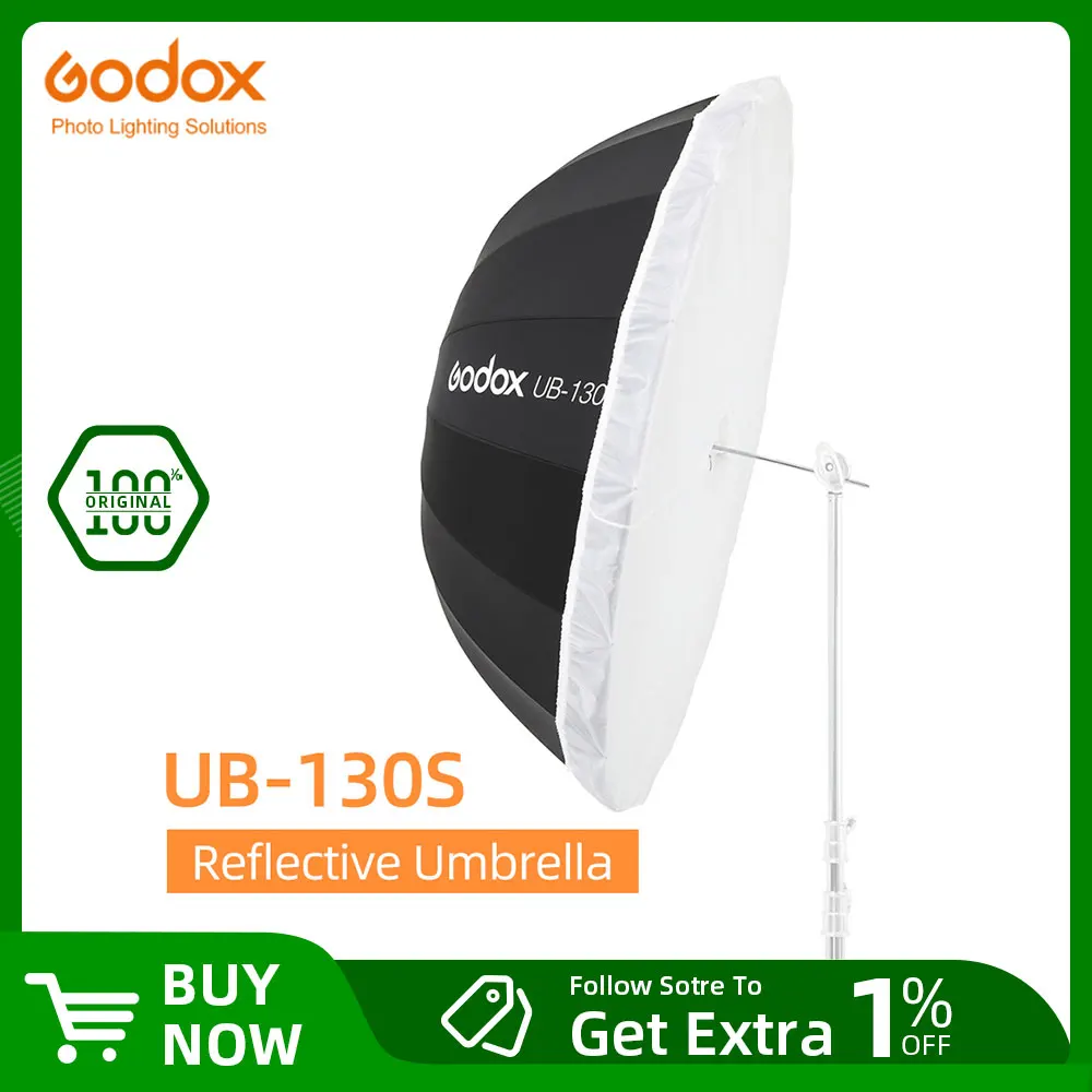 Godox UB-130S 51 인치 130cm 포물선 검정색 반사 우산 스튜디오 라이트 우산, 블랙 실버 디퓨저 커버 천 포함