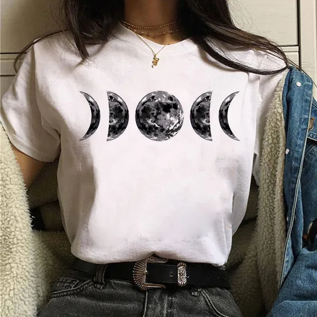 New Women's T-shirt Oversized Streetwear Black Moon Casual Round Neck T-shirt Lunar Eclipse Printed Women T-shirt Tee Tops E484-White