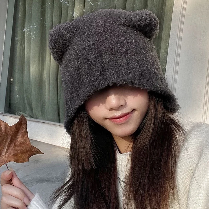 

Winter Outdoor Windproof Ear Protection Caps Cute Bear Ear Beanies Hats Women Keep Warm Thicken Knitted Hat Soft Pullover Cap