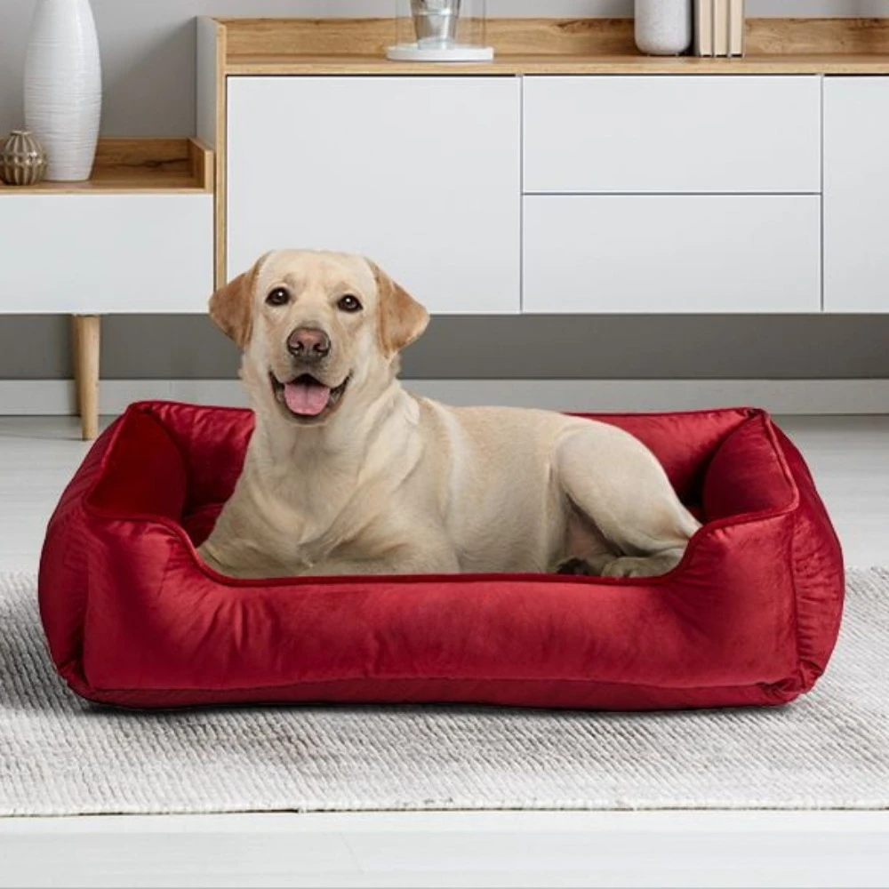 

Faux Velvet Box Dog Bed Red Large 27" X 37" Things for Dogs Pet Supplies Houses and Habitats Cushion Mat Mattress Products Home