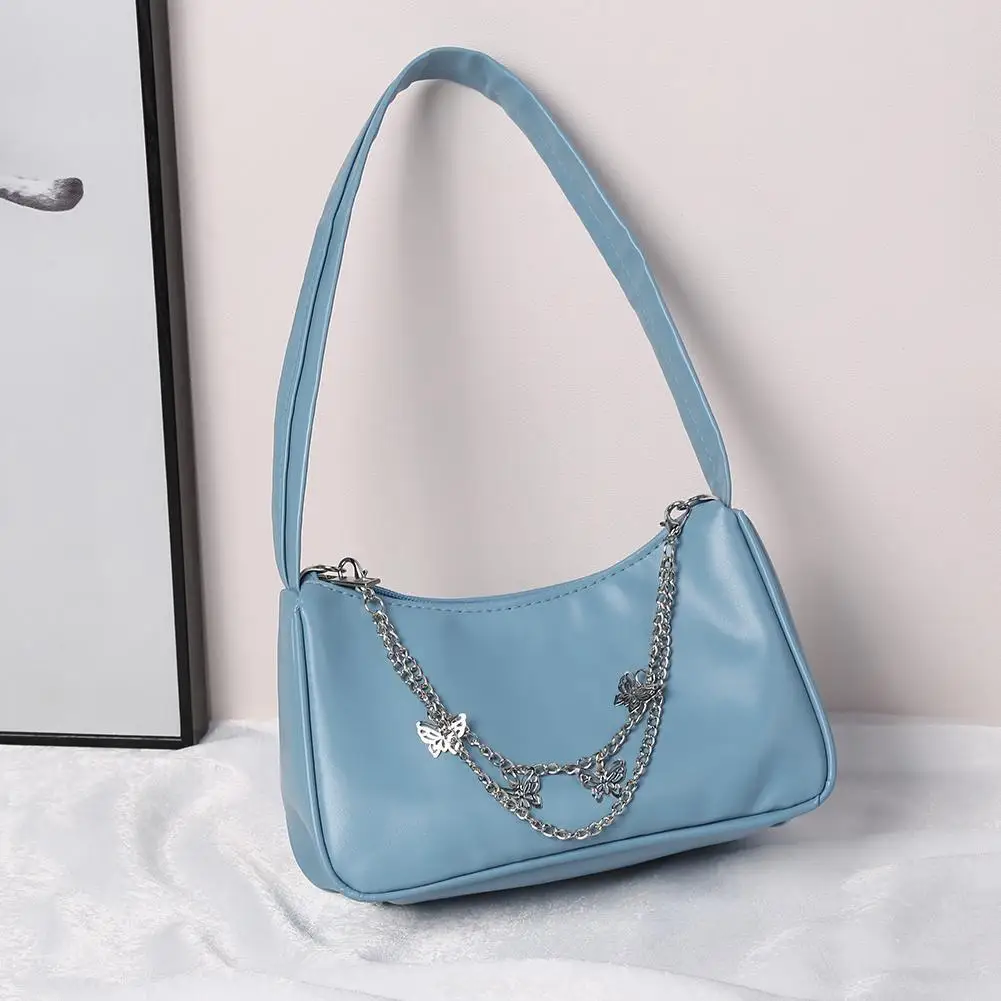 Vintage Butterfly Chain PU Underarm Pouch Pure Color Mini Casual Tote Handbag Designer Luxury Shoulder Bag Women Armpit Bag