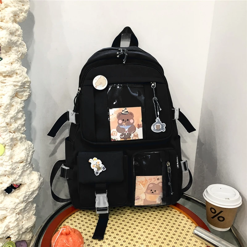 Women Girls Student Backpack Harajuku Japanese Aesthetic Multi-Pocket School Bag with Pendant Laptop Book Pack School