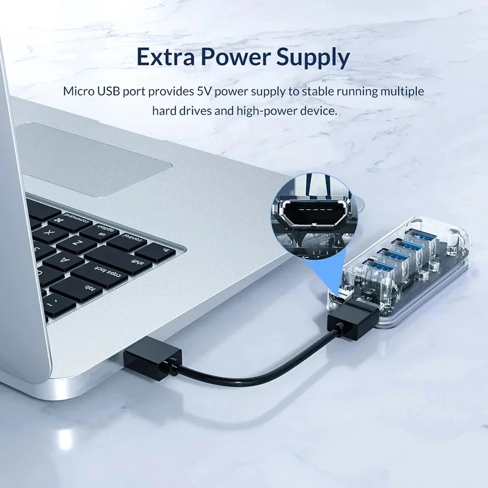 KEBIDUMEI רכזת USB שקופה USB 3.0 5Gbps מהירות גבוהה 4 יציאות הרחבה עם ספק כוח מתאם OTG למחשב נייד Macbook Pro