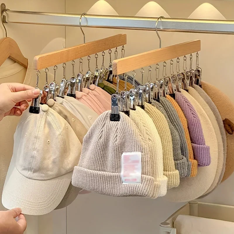 A Portable Space Saving Tool for Storing Hats, Underwear, and Scarves Using Wooden Hangers with Multiple Clips for Household Use