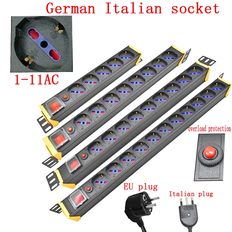 

PDU power strip Network cabinet rack 1-11 way German Italian socket 2 M line 360 rotating bracket overload protection