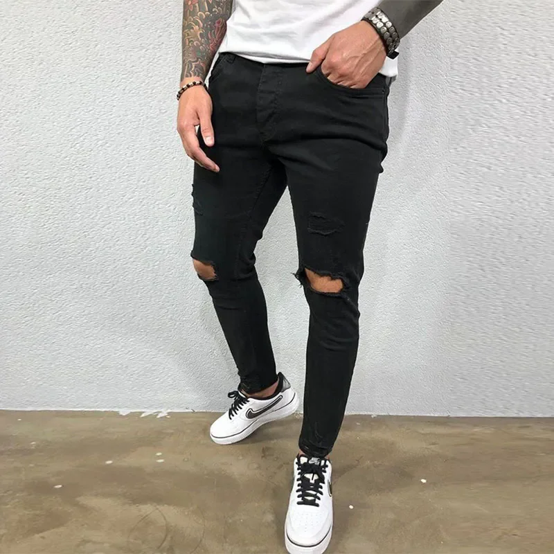 Men Jeans Knee Hole Ripped Stretch Skinny Denim Pants Solid Color Black Blue Autumn Summer Hip-Hop Style Slim Fit Trousers S-4XL
