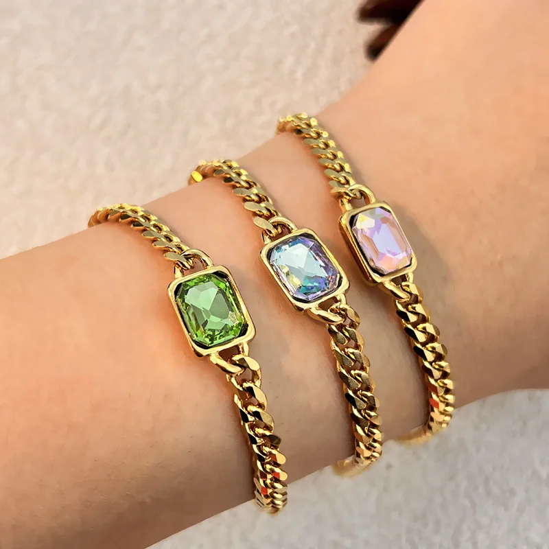 Punk Round Crystal Thick Chain Bracelet Women Green Square CZ Zircon Bangle Bracelets Stainless Steel Waterproof Classic Jewelry