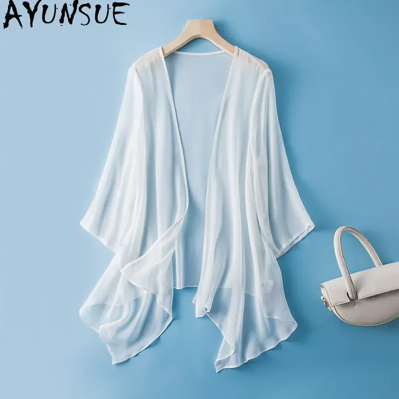 

100% Mulberry Real Silk Short Jackets For Women Summer Thin Sunscreen Shawl Vacation Cardigan Women's Clothing Beach Cover Up