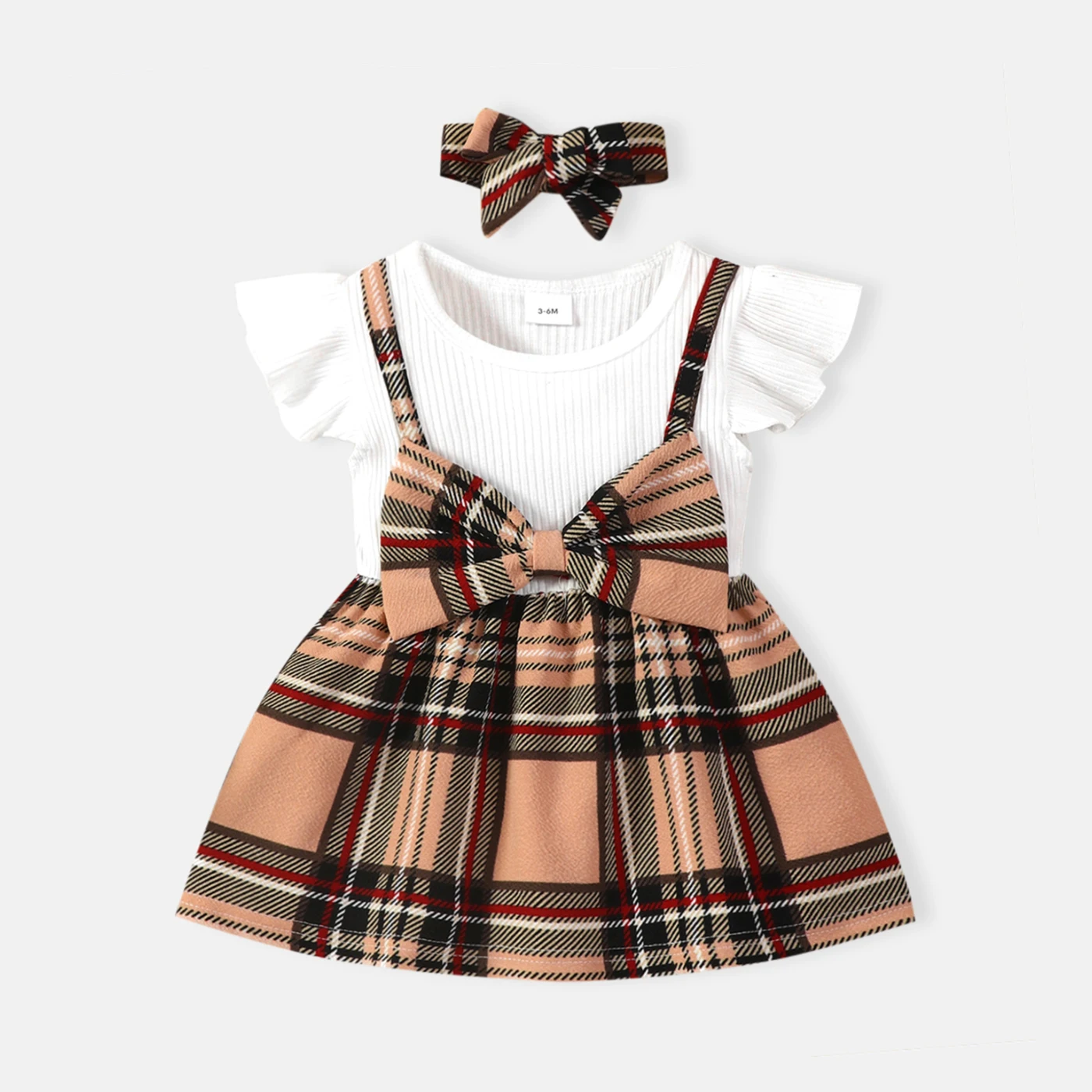 

PatPat 2pcs Baby Solid Cotton Ribbed Ruffle Long-sleeve Spliced Plaid Bow Front Dress & Headband Set