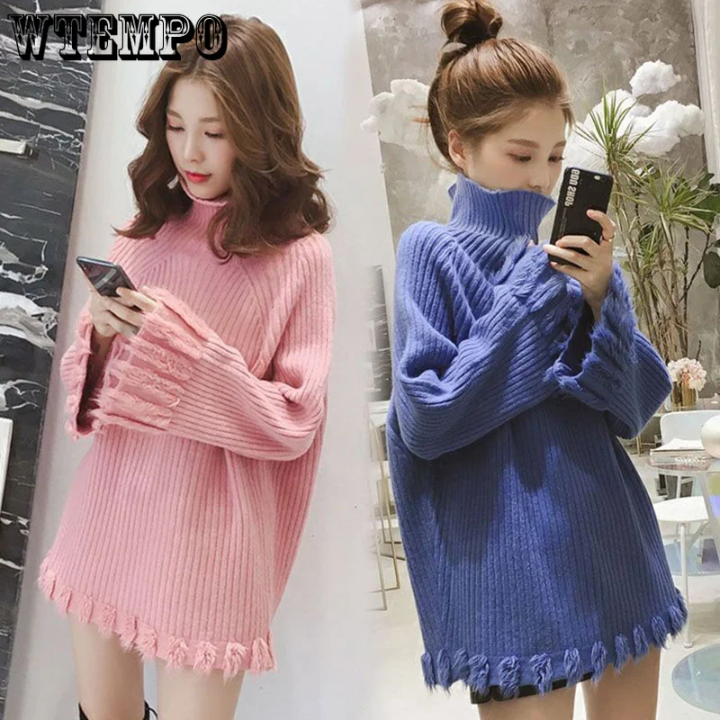 

WTEMPO Turtleneck Tassel Sweater Women's Thickening Warm Pullover Loose Plus Fashion Korean Knitwear Top Winter Clothes Women