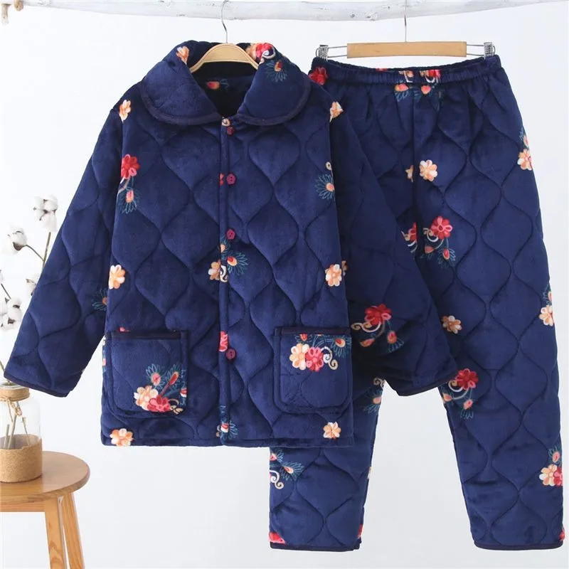 Middle Aged Elderly Winter Cotton Padded Pajamas Three Layers Thickened Coral Velvet Homewear Women's Oversized Loungewear Set