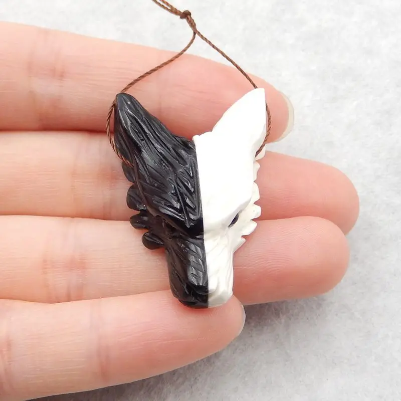 Natural Stone Howlite,Obsidian Handmade Animal Wolf Head Pendant Bead 36x25x12mm 10g Fashion Jewelry Necklace Accessories