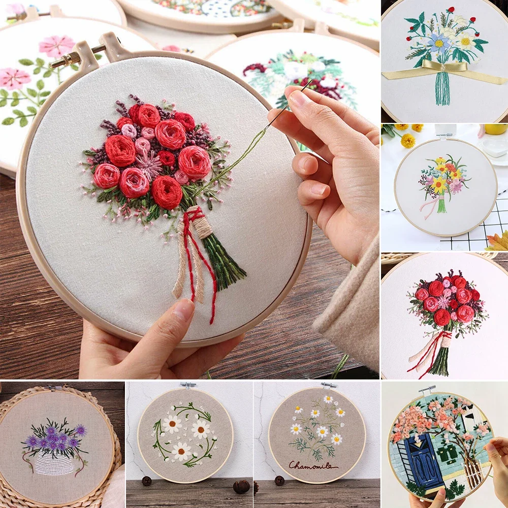 Flower Pattern Cross Stitch DIY Needlework Kit Beginner Embroidery Starter Set DIY Fabric Art Embroidery Flower Material Package