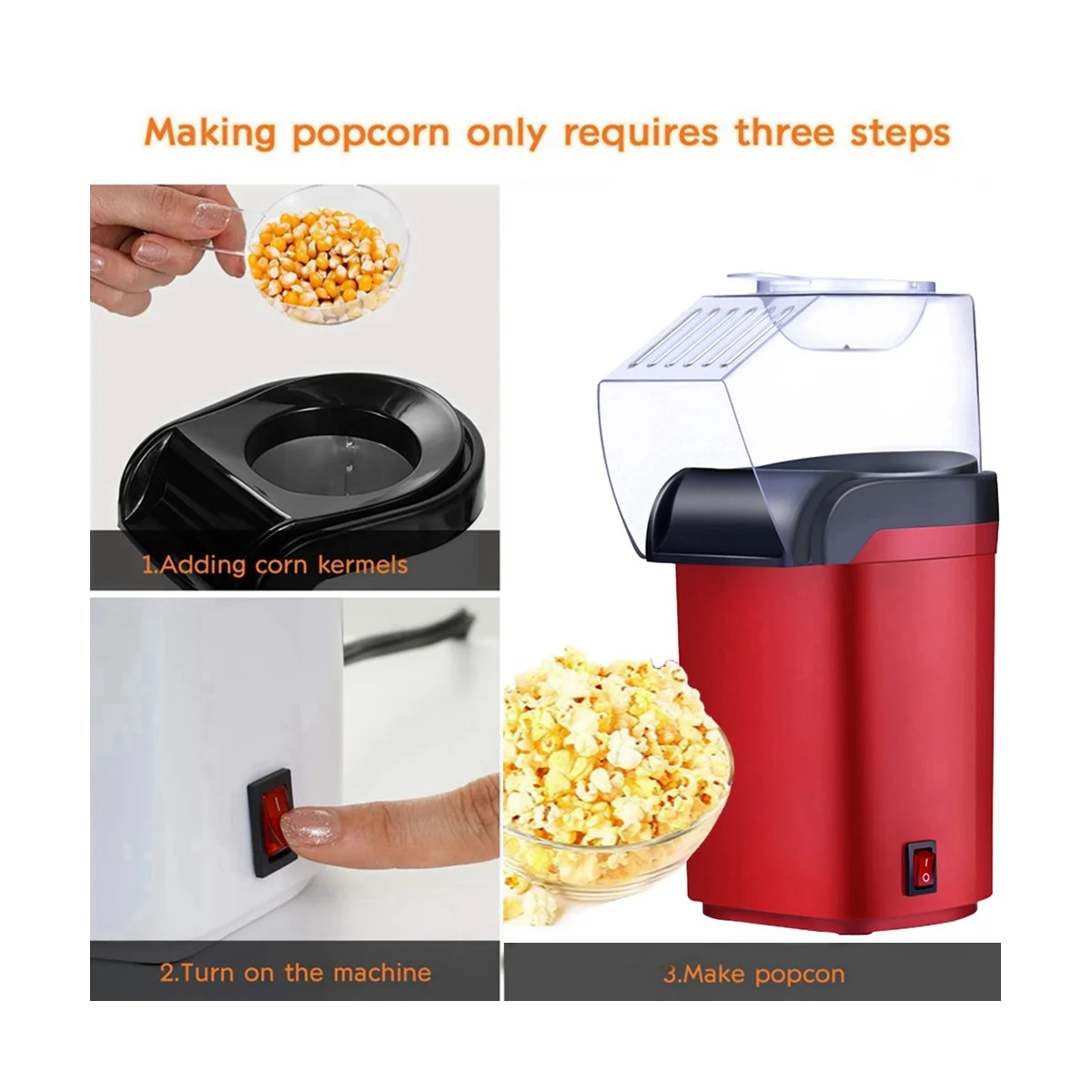 Home Electric Corn Popcorn Maker Household DIY Automatic Mini Hot Air Popcorn Making Machine Kitchen Red US Plug