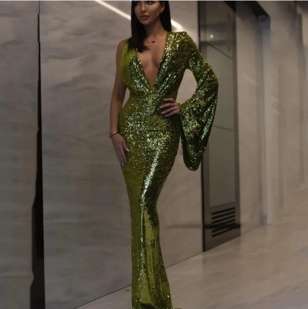 

Sexy Deep V-Neck Fashion Formal Evening Dress One Shoulder Long Sleeves Backless Mermaid Shiny Sequins Floor-Length Party Dress
