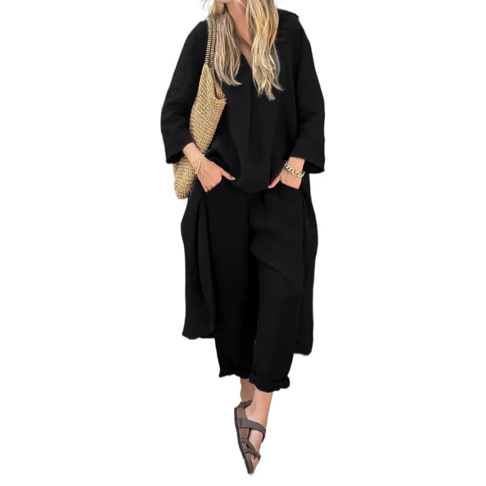 Women Long Sleeve V Neck Shirts and Wide Leg Pants Sets