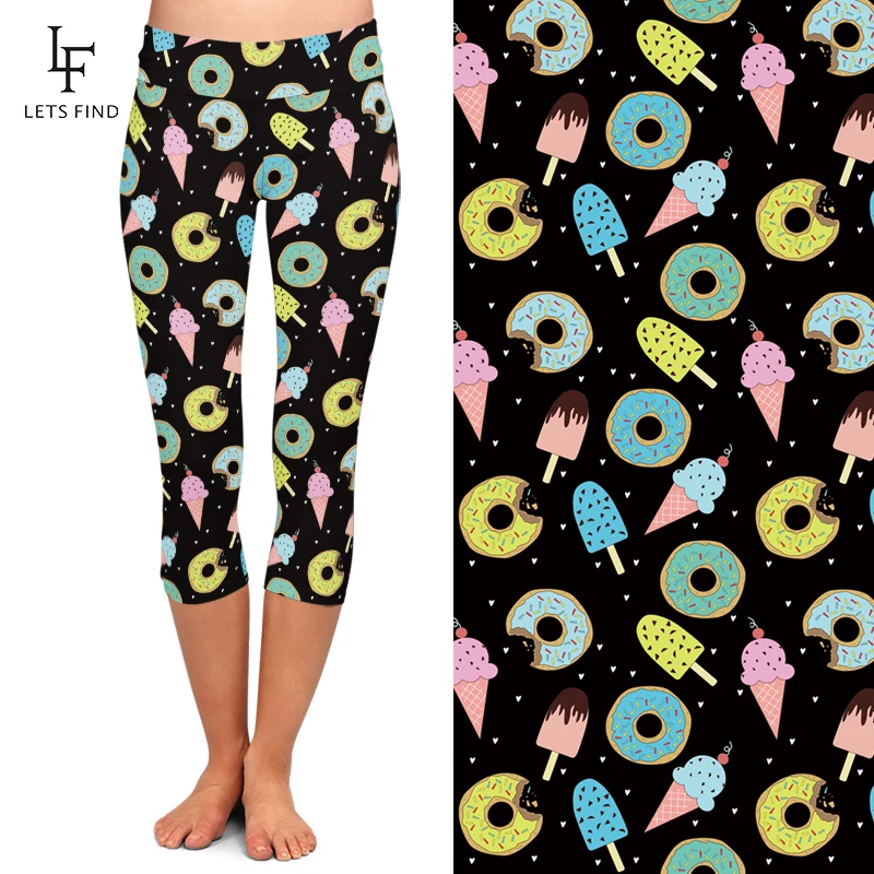 Summer Hot Sale Seamless 3D Ice Cream Print Girl Capri Leggings High Waist Elastic Milk Silk  Casual Black Leggings