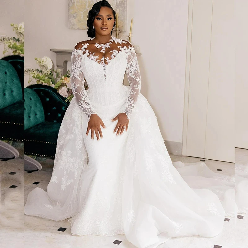 

Romantic O-Neck Lace Full Sleeve Appliques Wedding Dress with Overskirt Arabic Aso Ebi Vestidos De Novia Plus Size Birdal Gowns