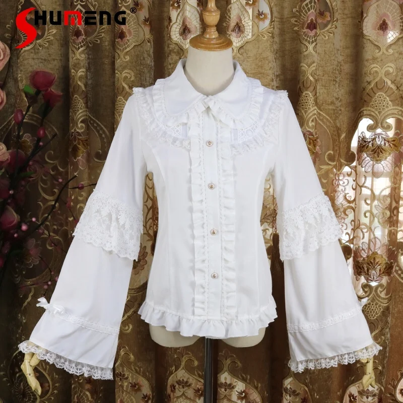 Long Small Wide Sleeve Japanese Lolita Shirt Autumn Chiffon Lace Inner Wear Top Camisas Bottoming Shirt Doll Collar Blouse Mujer