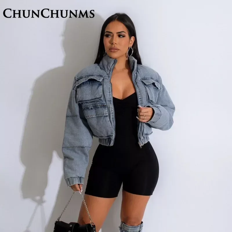 

Stylish Multi-pocket Denim Cotton Padded Jacket Women Casual Zipper Stand Collar Puffer Bread Coat Winter Parkas Top 2023 Street