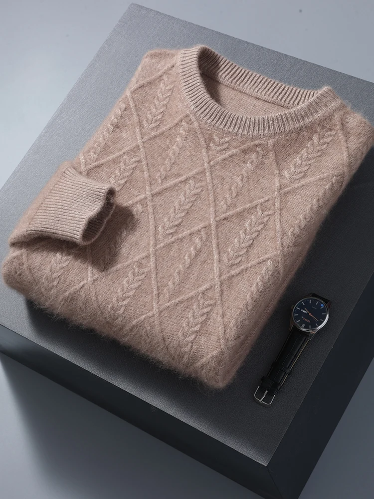 100% Mink Cashmere Autumn Winter Men O-Neck Sweater Cable Knitting Thick Pullover High Quality Smart Casual Cashmere Knitwear 5