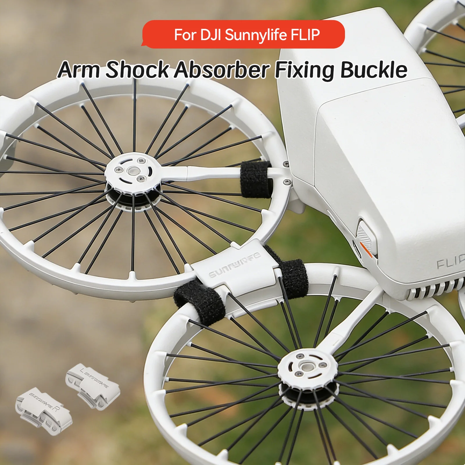 Deux boucles de fixation antichoc pour drone DJI Flip posées sur une surface, prêtes à être installées.