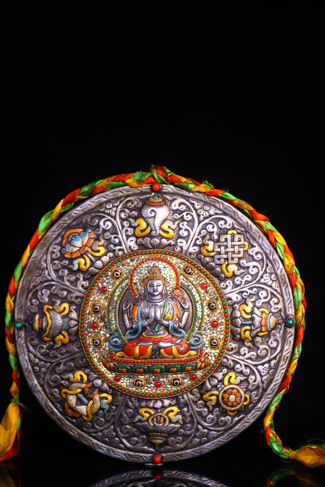 

16"Tibetan Temple Collection Old Tiantie Painted Mosaic Gem gZi Beads Shell Eight Treasures Four armed Guanyin Buddha Thangka