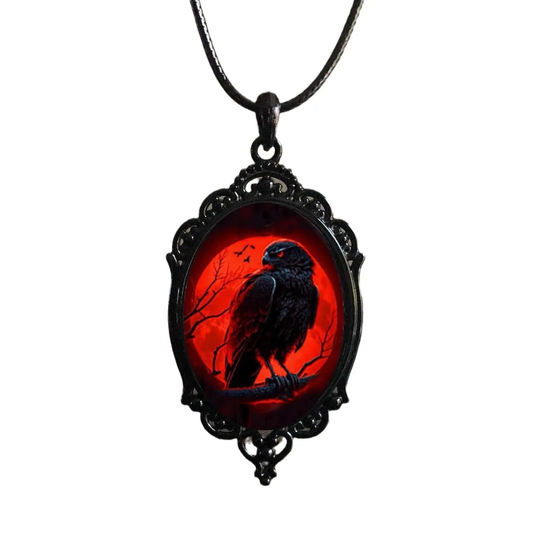 Gothic Creative Raven Necklace Man Woman Dark Punk Vampire Red Leather Rope Collar Pendant Horror Halloween Party Gift Choker