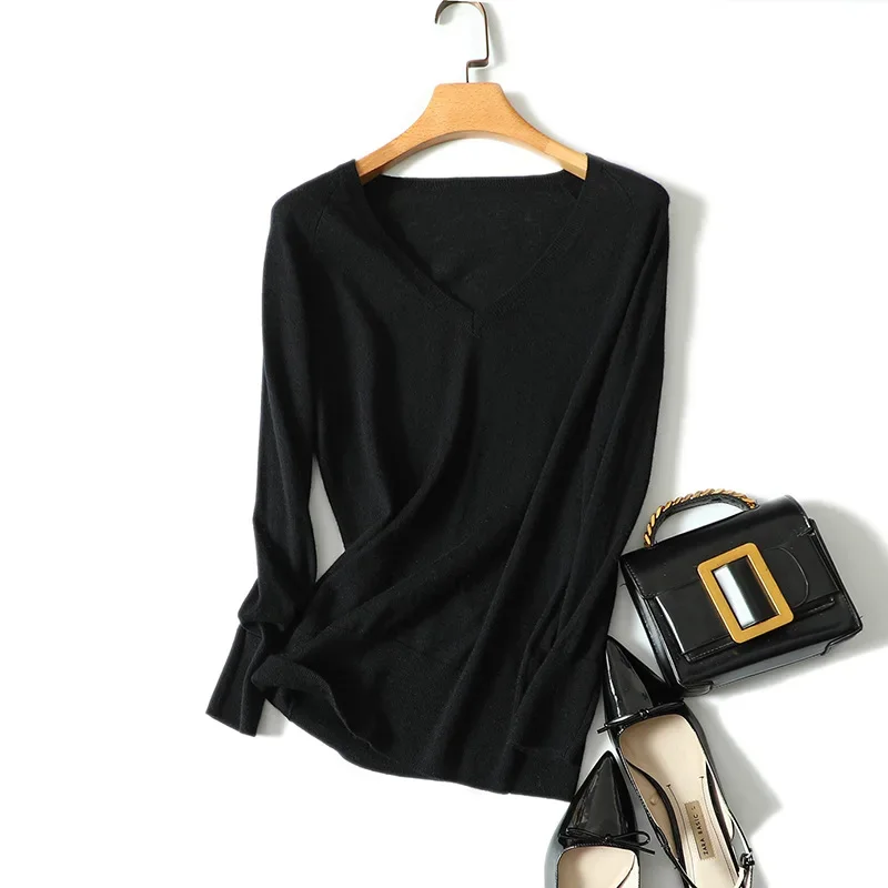 

Осенний стильный черный 100% кашемировый свитер aliaga с v-образным вырезом, пуловеры