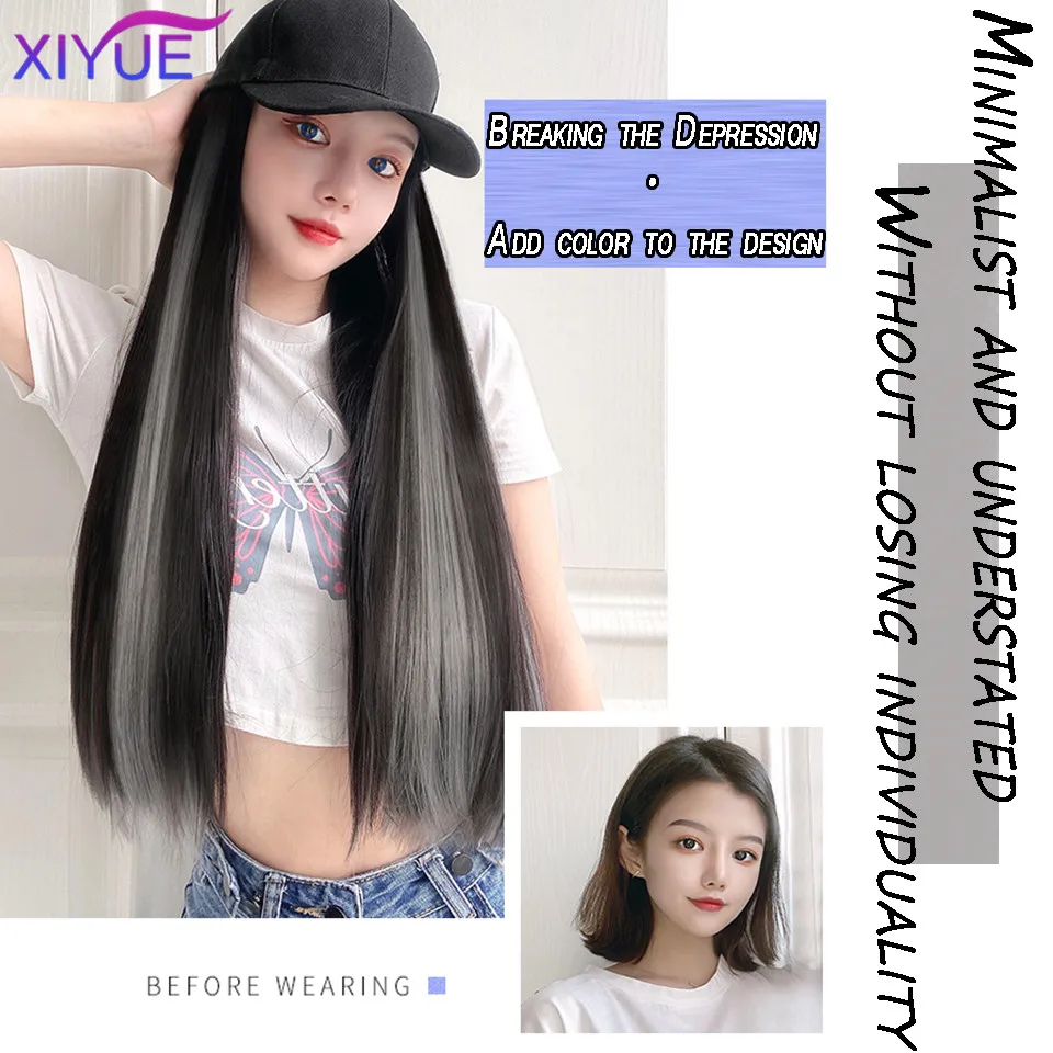 Baseball cap wig Synthetic Wigs With White Black Hat Long Straight