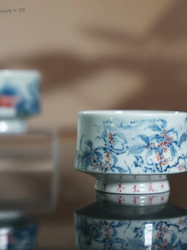 이만 티 라이프 수작업 청화백자 꽃무늬 세라믹 컵 중국풍 서예 예술적 사장님 컵 사무실용