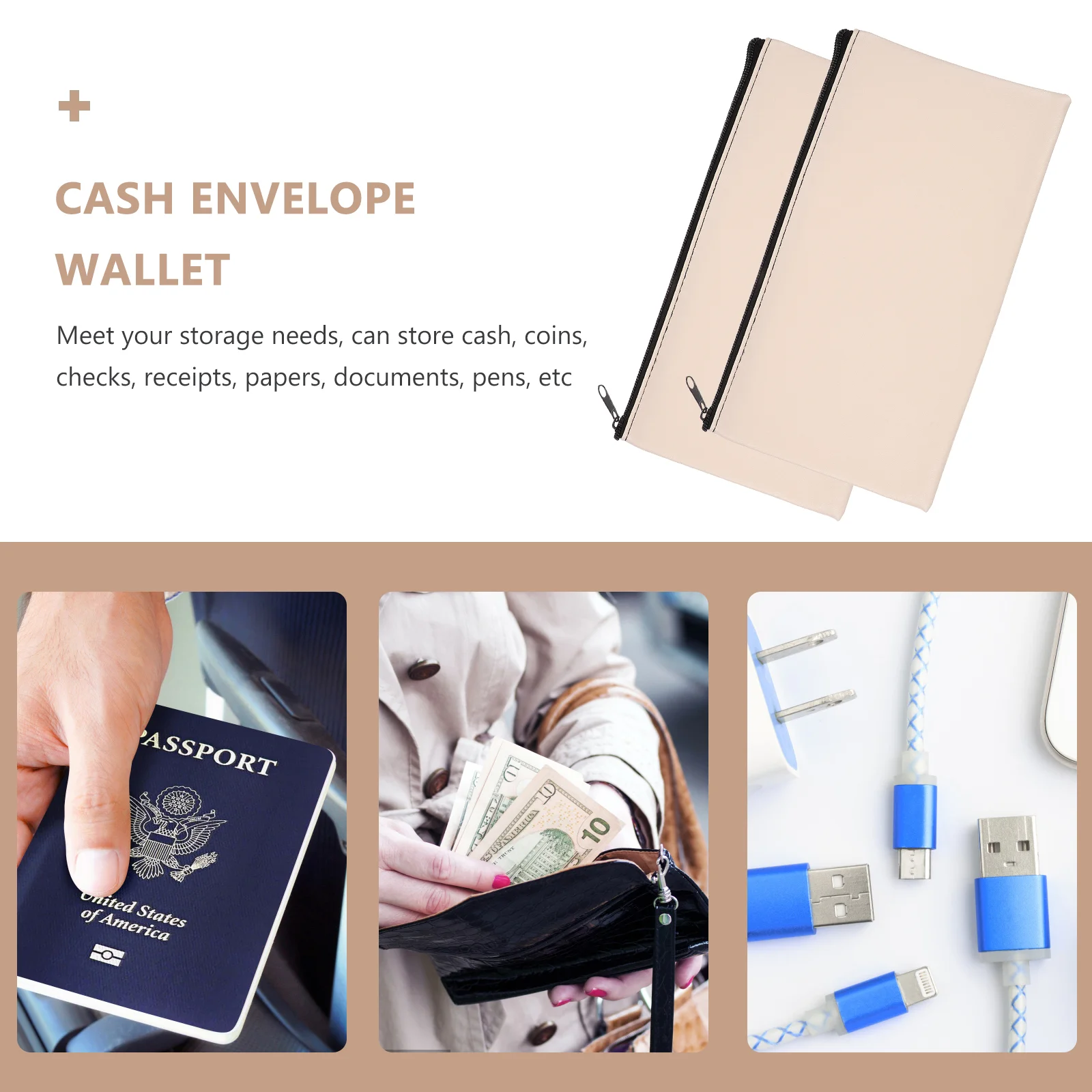 2 Pcs Wallet Pu Bill Bag Cash Deposit Storage 2pcs Packed Blue Money Pouches for with Zipper Envelopes Travel