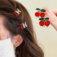 Red Cherry Rhinestone Hair Claws Women Girl Sweet Styles Mini Metal Shark Clip For Bangs Thin Hair Ponytail Holder Cute Headwear