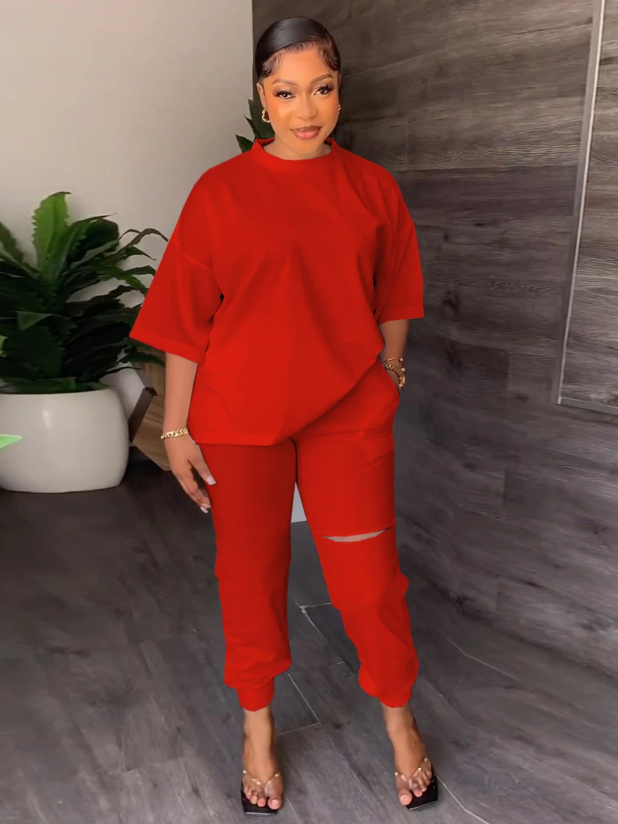 

Summer 2 Piece Set Women Solid Casual O Neck Half Sleeve Loose Fit T Shirt Top Hollow Out Pant Suit Twp Piece Outfit Tracksuit