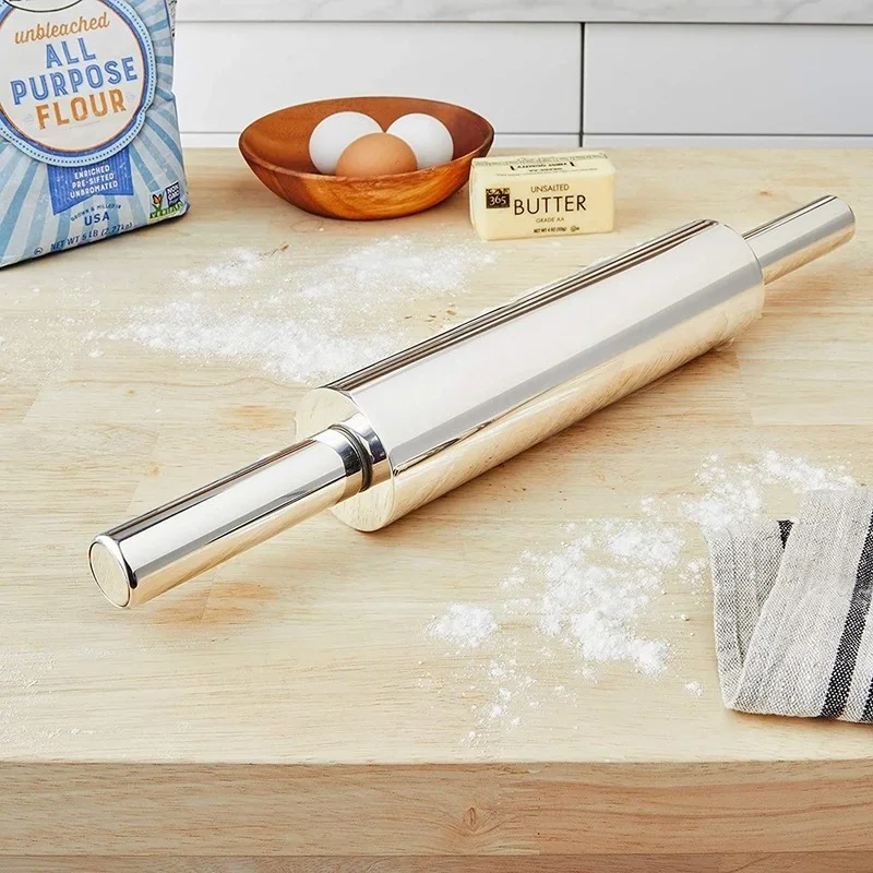 1Pcs Stainless Steel Fondant Rolling Pin Non-stick Pizza Noodles Cookie Cake Roller Kitchen Roller Easy Dough Rolling Tool