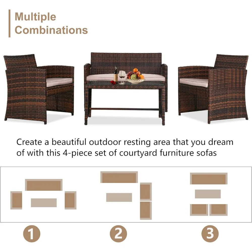 4 Pieces Outdoor Patio Furniture Sets Rattan Chair Patio Set Wicker Conversation Set Poolside Lawn Chairs Porch Poolside Balcony 6