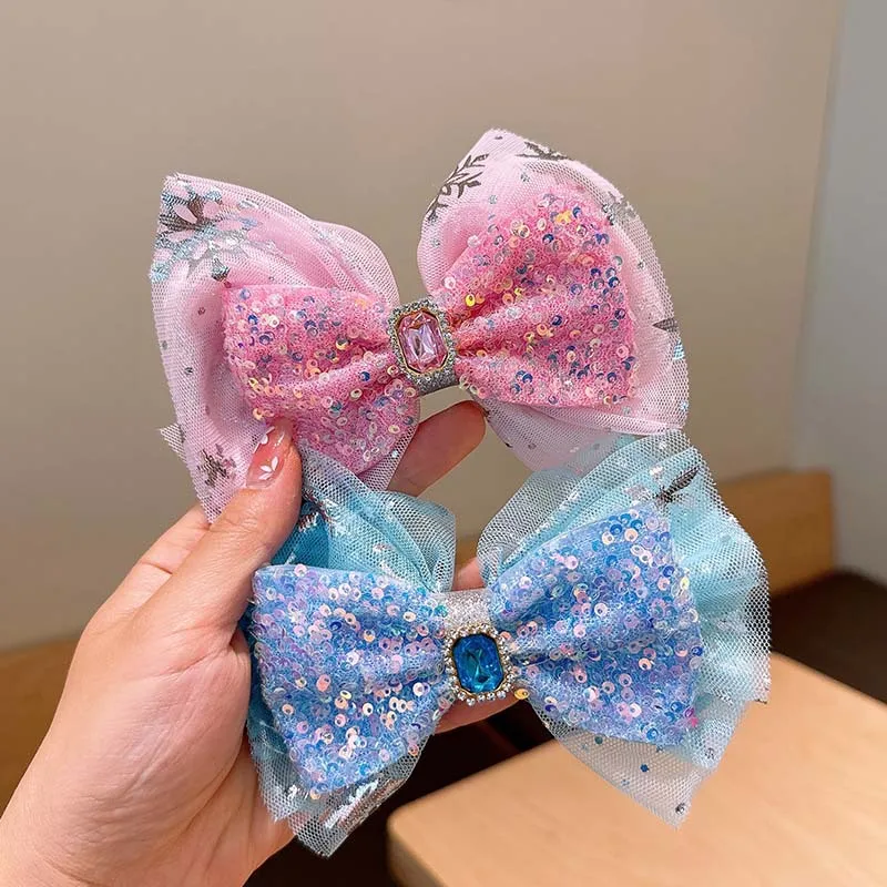 어린이 얼음과 눈 공주 활 반짝 이는 리본 머리핀 어린 소녀 크라운 보석 탑 클립 땋은 요정 머리핀