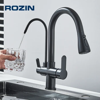 Rubinetto da cucina per purificazione dell'acqua Nero 360 °   Rubinetti dell'acqua con filtro rotante Spruzzatore estraibile Rubinetto miscelatore acqua calda fredda a 3 vie 1
