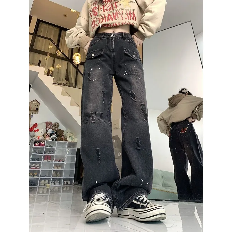 

Deeptown Black Gothic Ripped Cargo Jeans Women Y2k Grunge Punk Baddies Streetwear Denim Pants Korean Fashion Baggy Trousers New