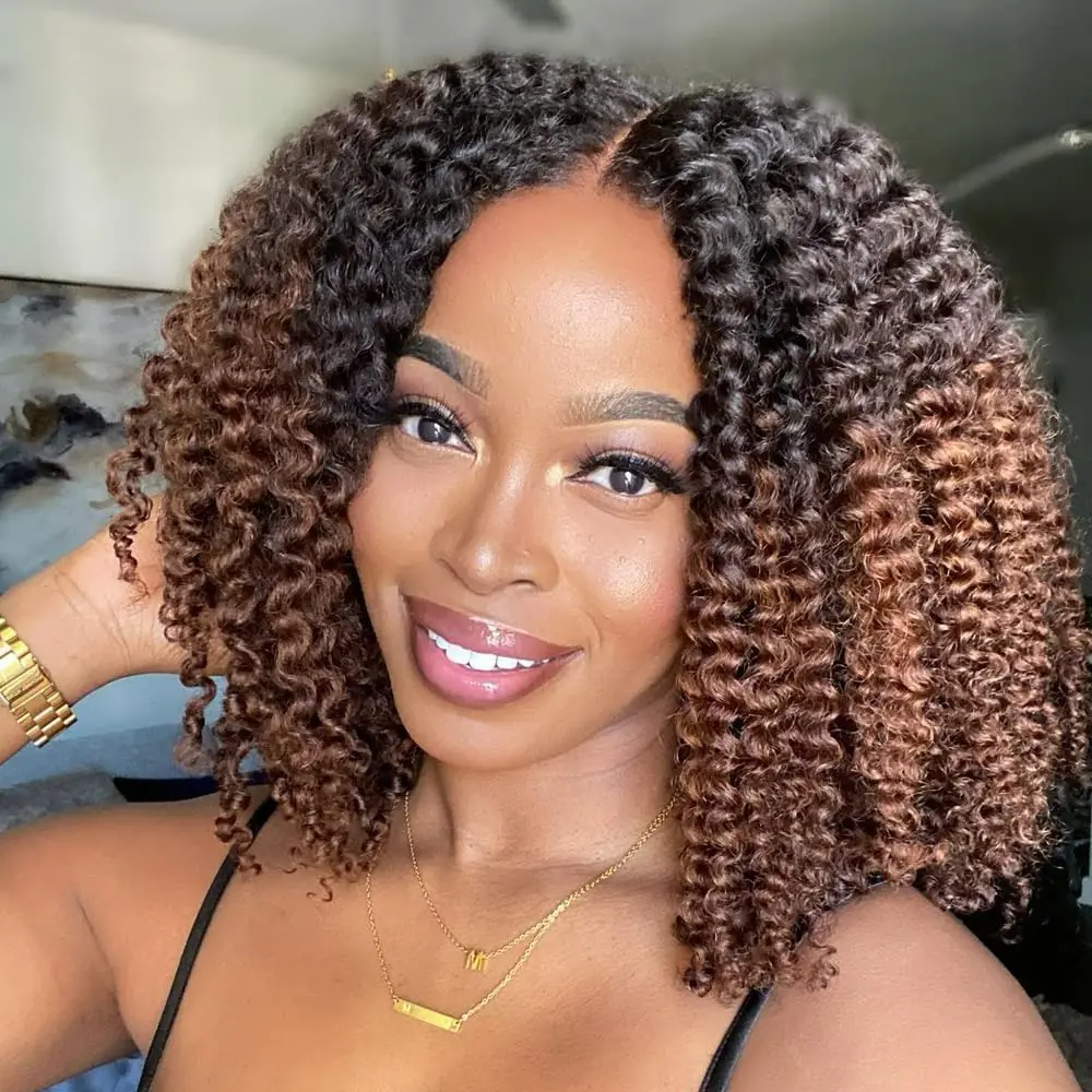 WIGERA Short Ombre Hair Afro Kinky Curly Wig For Black Women Ladies  Synthetic Glueless Black  Brown Wigs Cosplay Daily USE