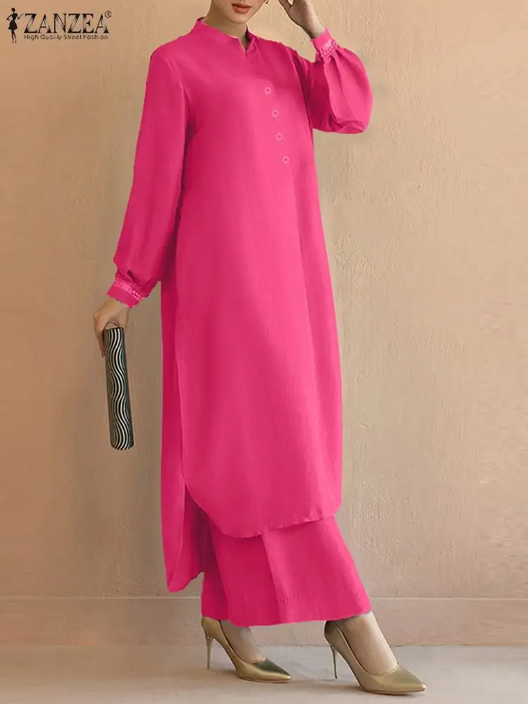 ZANZEA Retro Wide Leg Trousers Outfits Women Solid 2PCS Pant Sets 2023 Autumn Irregular Split Hem Long Shirt Suits Oversized Set