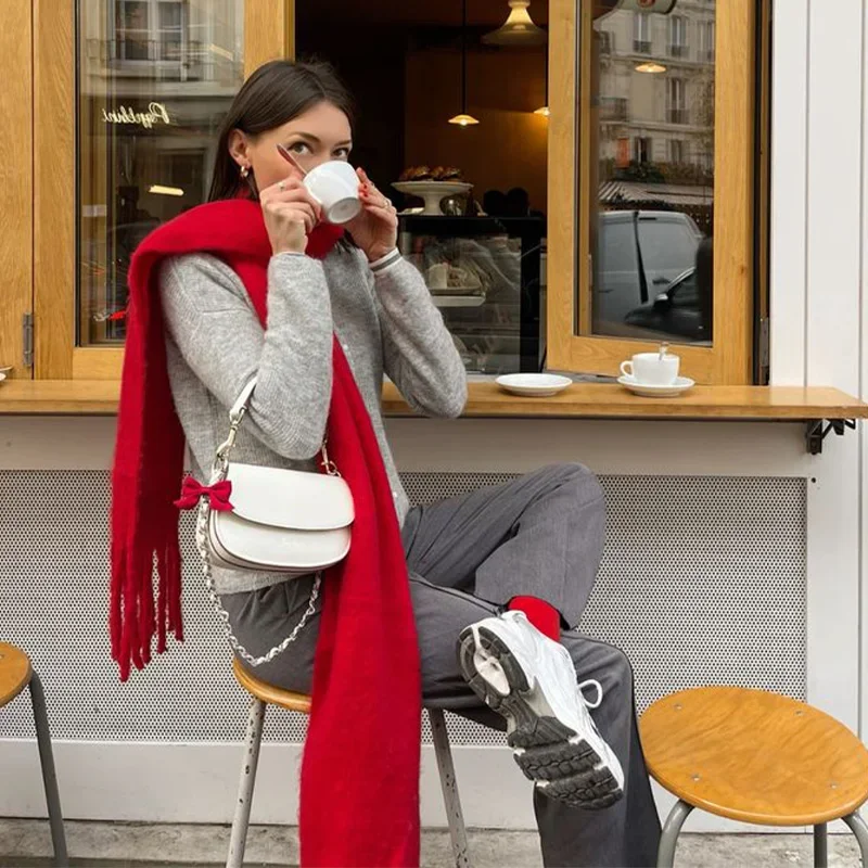 2025 Latest Women's Fall Winter Long Scarf Wool Red Green Christmas Scarf Style Warm Soft Chunky Wrap Shawl Scarves 2