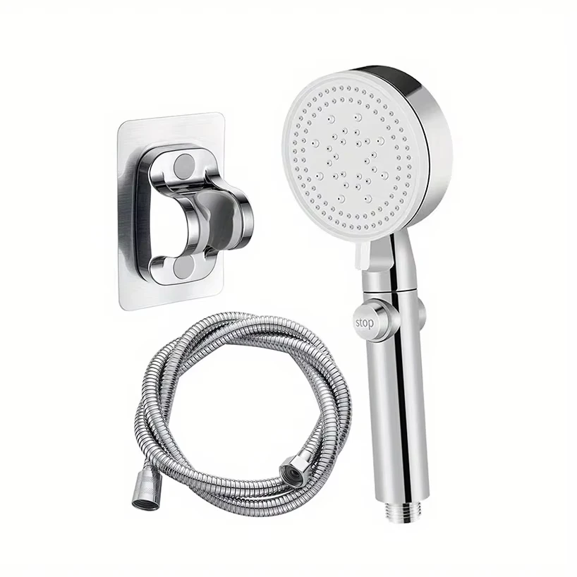 Shower Head Adjustable Silver Bathroom Shower Head High Pressure Stop Switch Water Saving Hose and Support