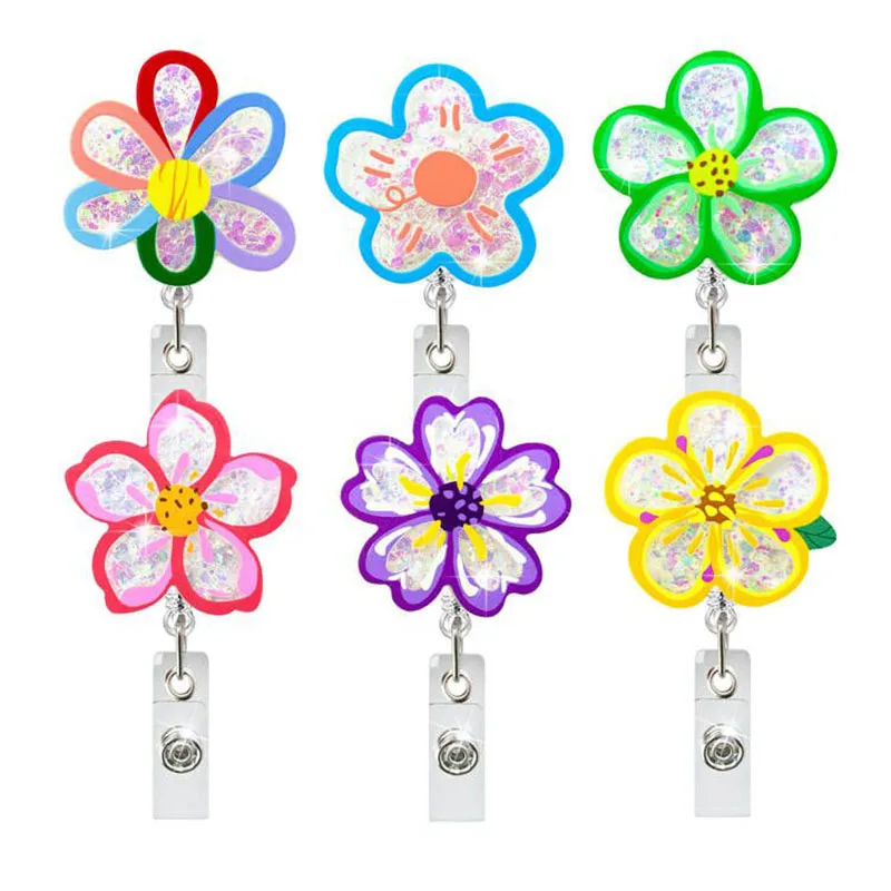 New Quicksand Acrylic Candy Color Flowers Badge Reel Retractable ID Badge  Holder With 360 Rotating Alligator Clip Name Holder - AliExpress