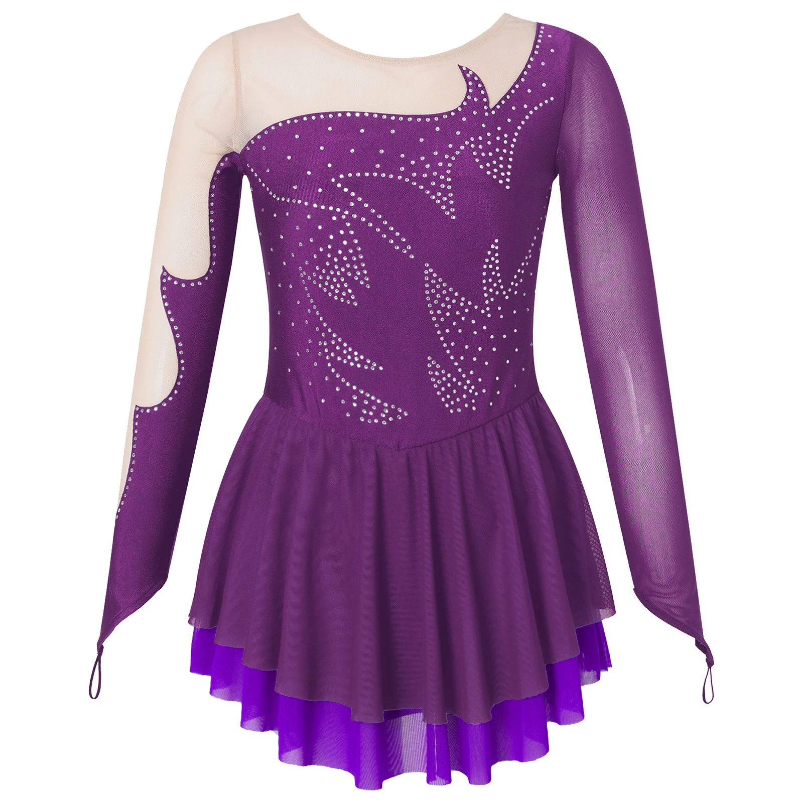 thumbnail image 1 of Leotardo de gimnasia con diamantes de imitación brillantes para niños pequeños, vestido de baile de Ballet con gancho para los dedos, disfraz de bailarina de manga larga para patinaje artístico, 1 of 5