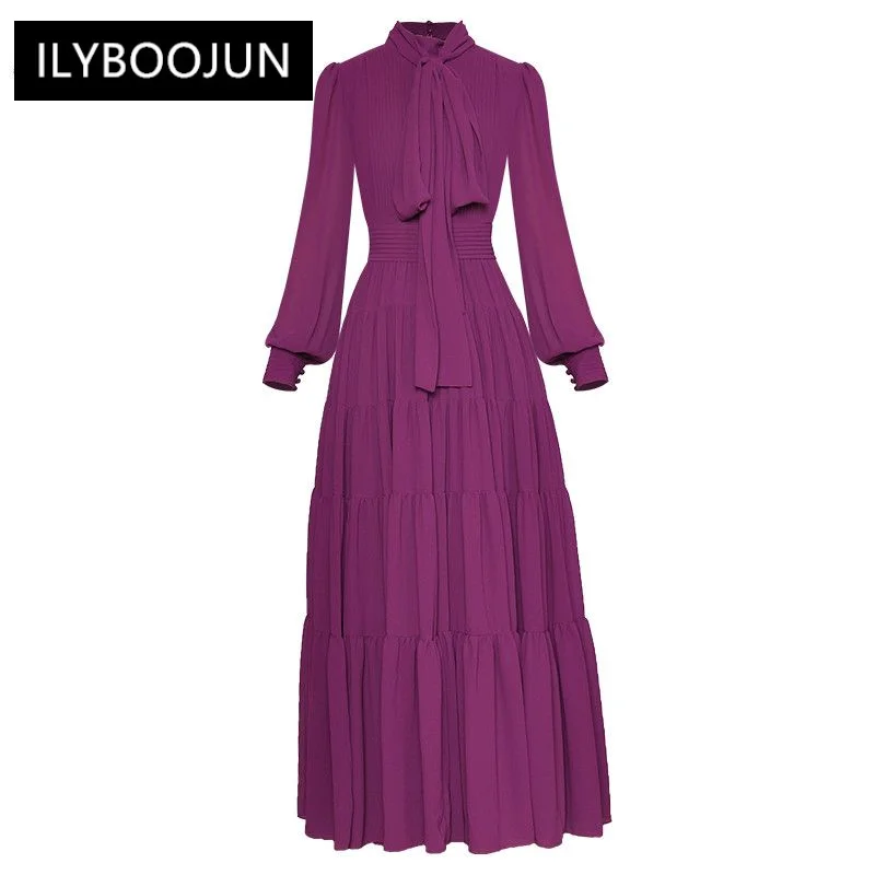 

Fashion Runway dress Spring Women's Dress Bow Collar Long Lantern Sleeve Purple Elegant Pleated Party Dresses For Women 2023