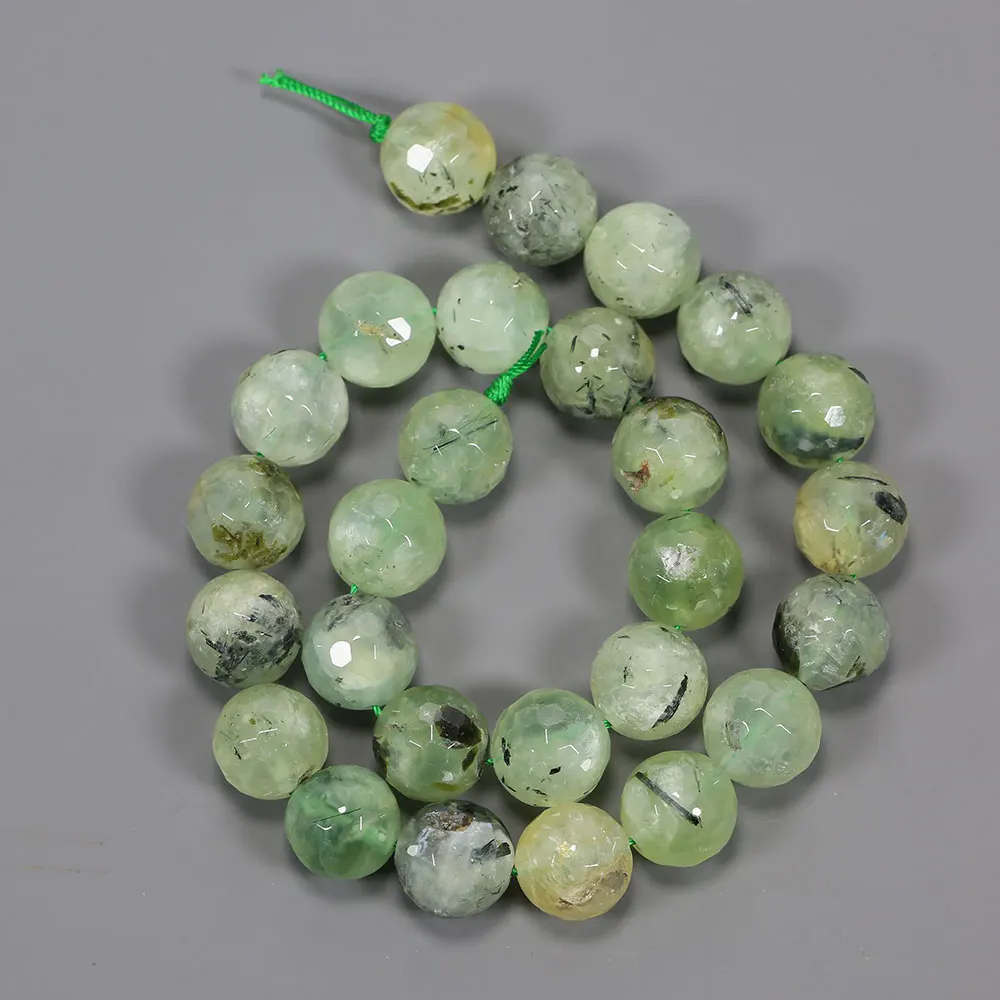 APDGG Natural 14MM Green Round Faceted Prehnite Gems Stone Loose Stone Beads 15.5