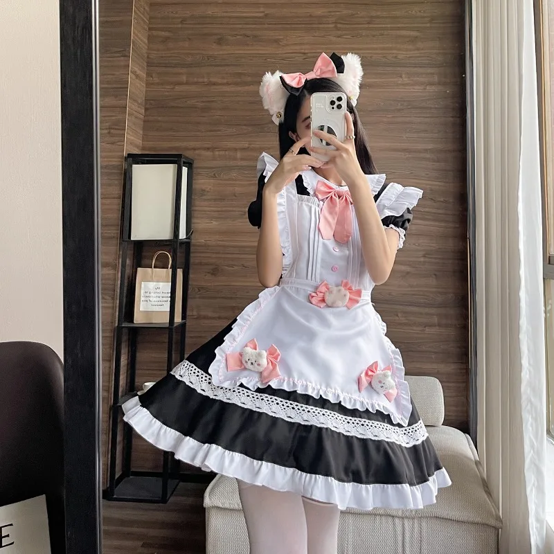 

Summer Unisex Lovely Lolita One-Piece Skirt Black White Cosplay Outfit 18-24 Age Maid Dresses 100% Polyester Cafe WorkingCostume